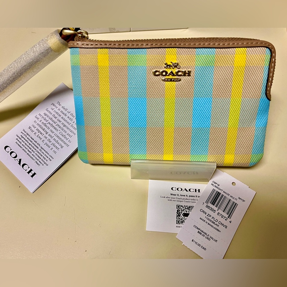 Coach NWT Wristlet Nolita Plaid Bright Maize Coated Canvas/Leather Trim - Picture 11 of 13